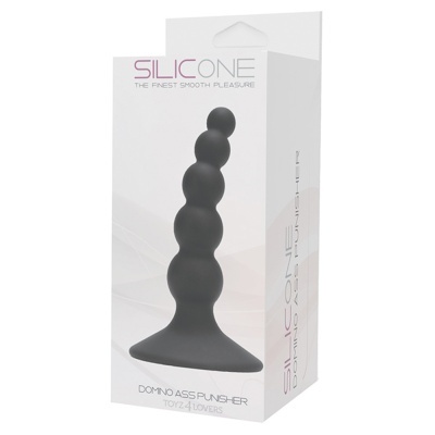 Plug anal de silicone preto em embalagem branca com texto