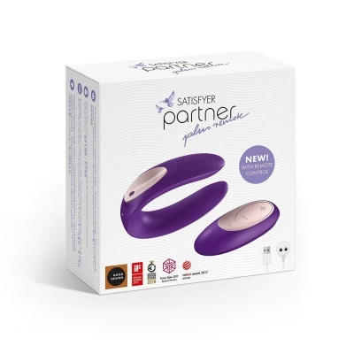 Caixa do produto Satisfyer Partner Plus Novelties e comando remoto roxo