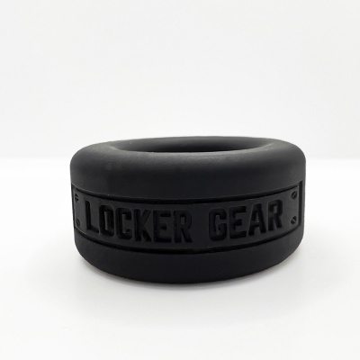 Produto circular preto com texto 'LOCKER GEAR' em relevo