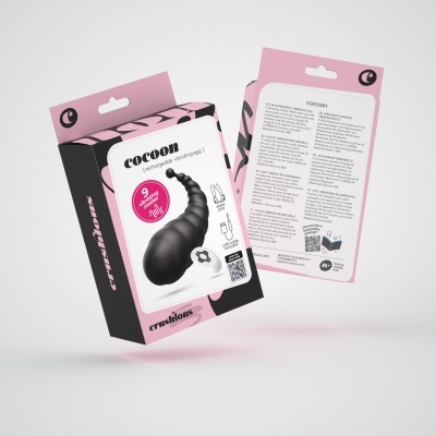 Embalagem de produto erótico Cocoon em silicone preto com texto em rosa e branco