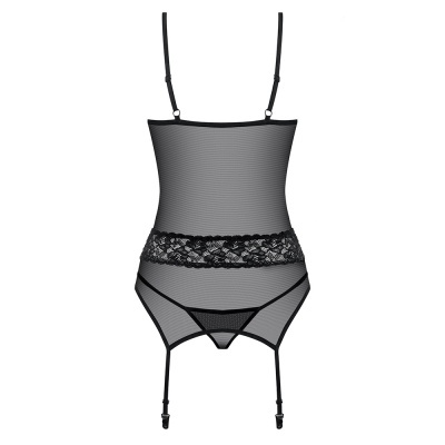 Body feminino preto com alças e renda, vista superior num fundo branco