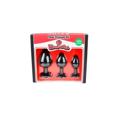 Conjunto de 3 plugues anais pretos em embalagem vermelha e preta com texto