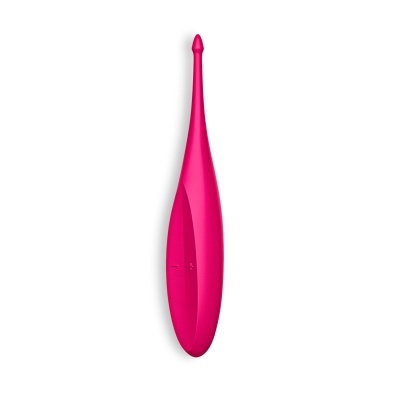 Vibrador cor-de-rosa alongado em silicone sobre fundo branco