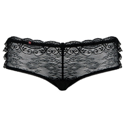 Cueca feminina preta em renda com padrão floral e borda ondulada