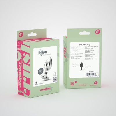 Embalagem do plug anal Bijou em verde claro com detalhes cor-de-rosa e texto explicativo
