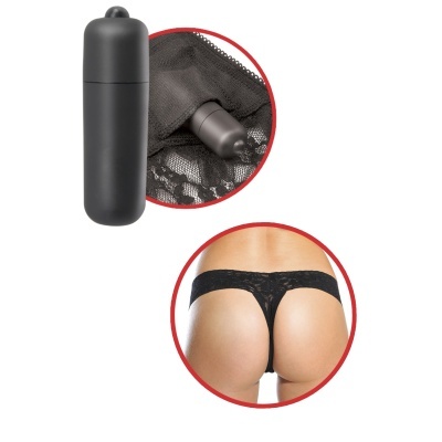 Vibrador preto liso com roupa interior preta de renda e detalhe do uso no corpo humano