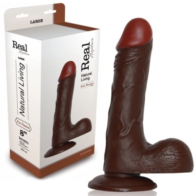Dildo castanho escuro com ventosa e embalagem branca Real Natural Living