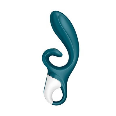 Vibrador azul-esverdeado com pega branca e design curvo