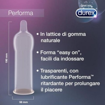 Preservativo Durex Performa transparente com texto em italiano sobre fundo azul púrpura