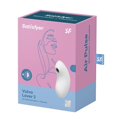 Caixa rosa e azul claro do produto Satisfyer Air Pulse Vulva Lover 2 com estimulador branco