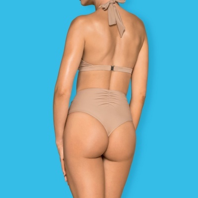 Biquíni bege liso com parte superior de tiras e parte inferior de cintura alta vista das costas