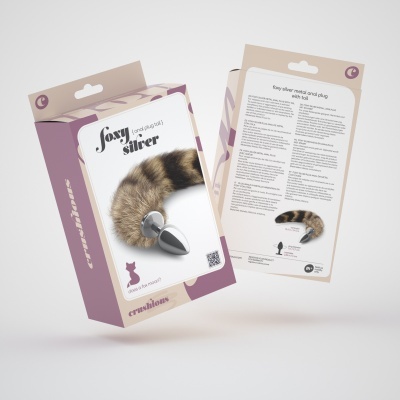 Embalagem de acessório com rabo falso peludo e base metálica prateada