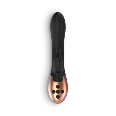 Vibrador preto com base metálica dourada e botões pretos