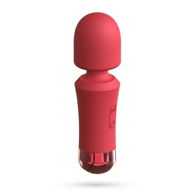 Vibrador pequeno vermelho com base metálica dourada e dois botões com símbolos de ondas