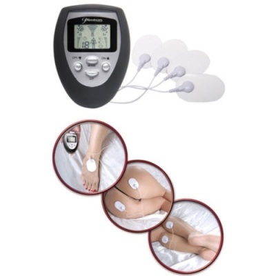 Dispositivo de estimulação com eletrodos adesivos aplicados em diferentes partes da perna