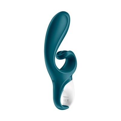 Vibrador ergonómico azul escuro com base branca e duas pontas curvas