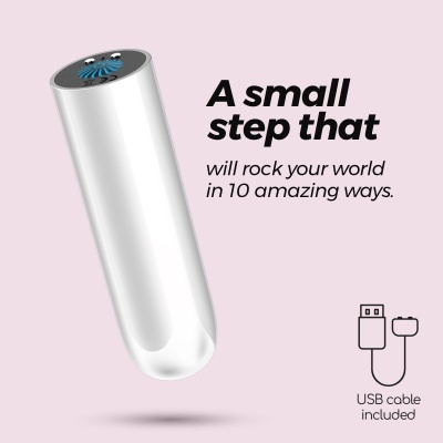 Dispositivo cilíndrico branco com padrão azul e preto no topo e texto promocional em fundo rosa