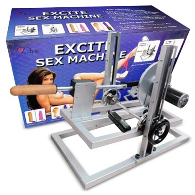 Máquina de sexo metálica com pénis anatómico e caixa azul de fundo