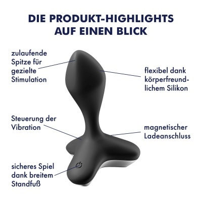Produto preto em silicone com base larga e ponta afilada, texto em alemão sobre características