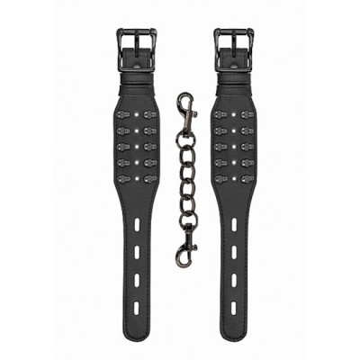 Pulseiras pretas de imitação de couro com fivelas e corrente de metal