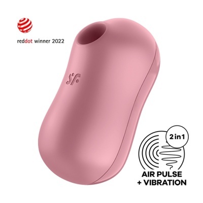 Dispositivo rosa com textura lisa e orifício no topo, texto 'reddot winner 2022' e indicador '2in1 AIR PULSE + VIBRATION' em fundo branco