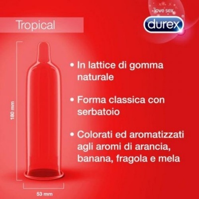 Preservativo vermelho Durex com texto em italiano num fundo vermelho