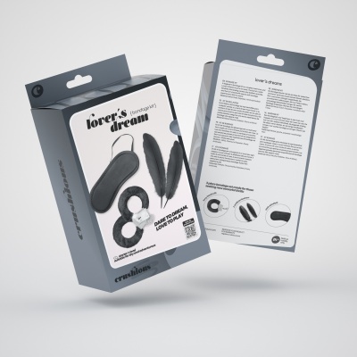 Embalagem do produto adulto 'forever's dream' preto com texto e instruções.