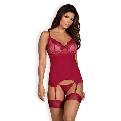 Conjunto de lingerie vermelho com corpete e ligas