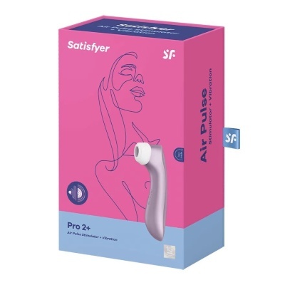 Embalagem rosa e azul do Satisfyer Pro 2+ com desenho de rosto e dispositivo branco