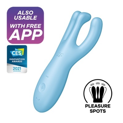 Vibrador azul claro com dois ramos e textos promocionais