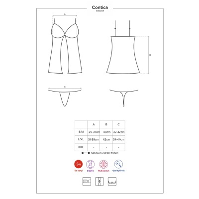 Desenho técnico de camisola e fio dental Contica com medidas e símbolos