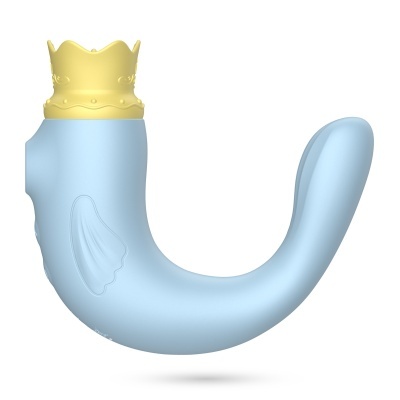 Objeto curvo azul claro com coroa amarela e relevo de asa