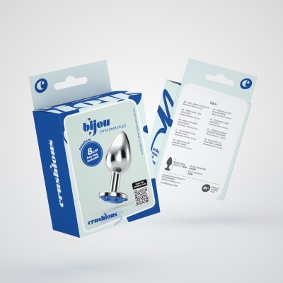 Embalagens azuis e brancas com plug anal metálico prateado e texto da marca crushious