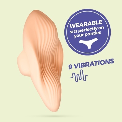 Dispositivo wearable cor de pele com textura ondulada e texto em círculo azul