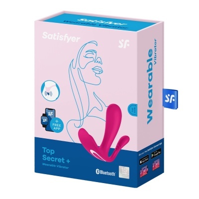 Embalagem rosa e azul do vibrador Satisfyer Top Secret + Wearable Vibrator com ilustração de rosto e textos informativos