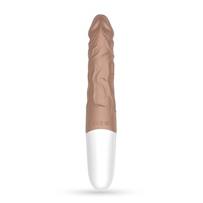 Vibrador castanho com base branca e textura realista