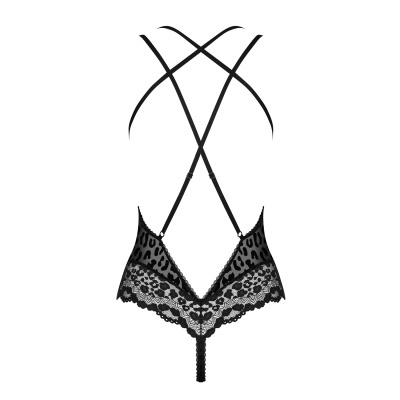 Soutien feminino preto de renda com padrão animal print e alças cruzadas