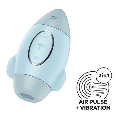 Dispositivo em forma de foguete azul claro com texto '2 in 1 AIR PULSE + VIBRATION'