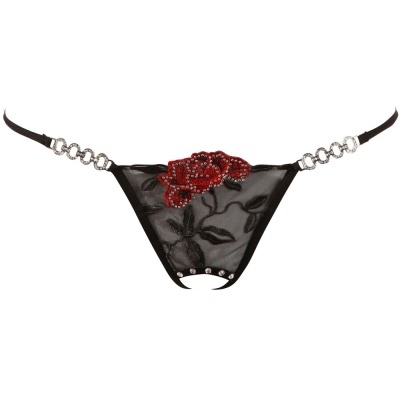 Calcinha feminina preta transparente com bordado floral vermelho e argolas prateadas