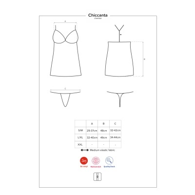 Desenhos técnicos de roupa íntima feminina com tabela de medidas e símbolos de cuidado