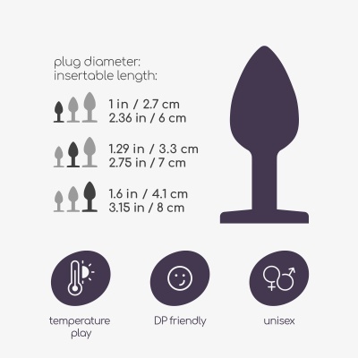Ilustração de plug roxo com dimensões e ícones de funcionalidades