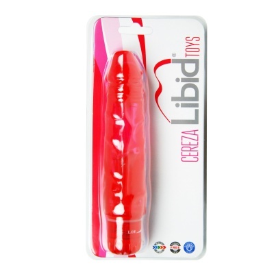 Dildo vermelho translúcido em embalagem blister com texto CERTEZA Libid TOYS