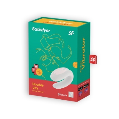 Caixa do vibrador Satisfyer Double Joy em verde e vermelho com texto e imagem do produto branco