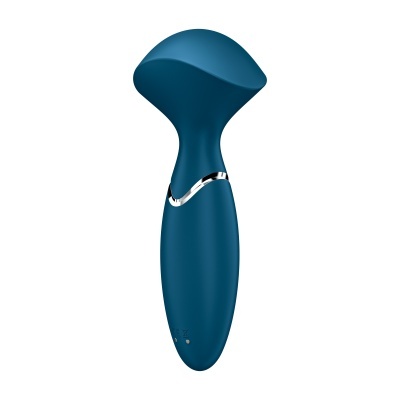 Vibrador azul escuro ergonómico com faixa prateada, fundo branco