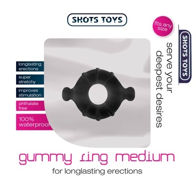 Embalagem de anel vibratório preto Gummy Ring Medium da SHOTS TOYS com várias características descritas