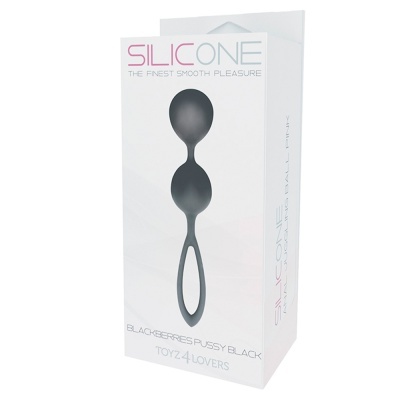 Produto de silicone preto com duas esferas em embalagem branca com texto