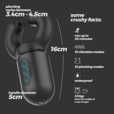 Dispositivo preto com botões azuis e várias especificações em texto branco