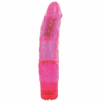 Vibrador rosa translúcido com textura detalhada e base vermelha