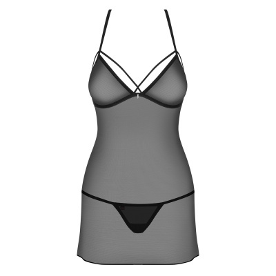 Camisola de lingerie preta transparente com tiras finas e tanga