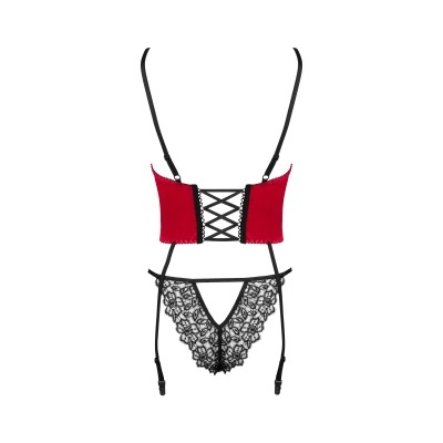Conjunto de lingerie vermelho e preto com renda e ligas ajustáveis